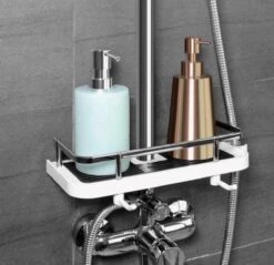 Merkloos Doucherek Zonder Boren –Douchemand- Badkamerrek-Doucheplank- Badkamer Organiser- Doucherek Hangend-Doucherek Zwart – Doucherek Hangend – Badkamer Organizer – Douche Organizer - Doucherekje - Doucherekje Zonder Boren-Zilver-Zwart-Wit -Badkamer Kast Winkel 1200x1163 1