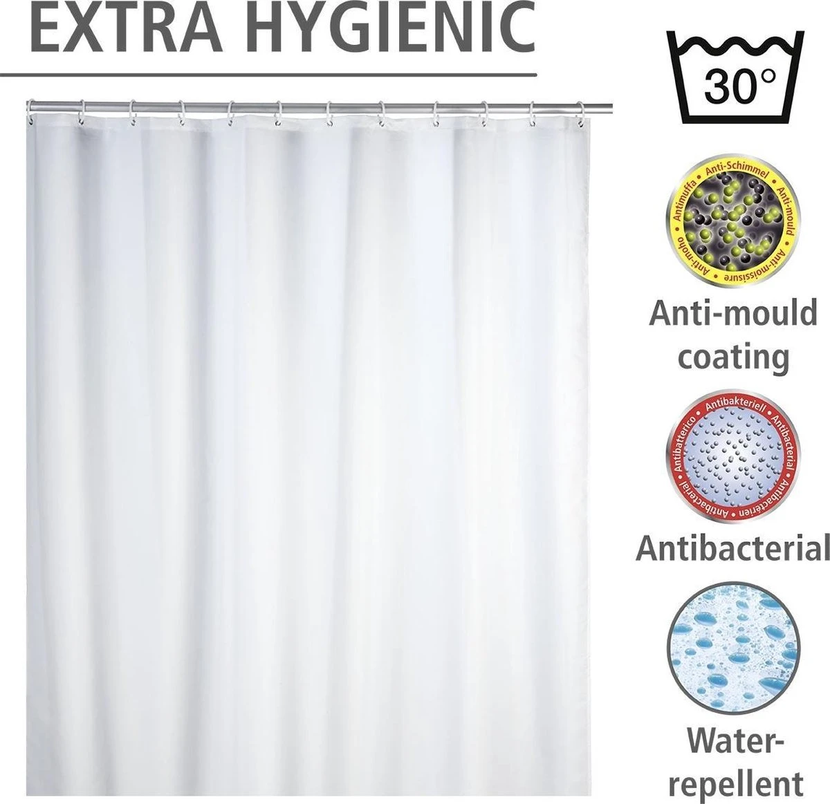 WENKO Anti-schimmel Douchegordijn Uni Wit 180x200cm Polyester Inclusief Ophangringen 2 WENKO Anti-schimmel Douchegordijn Uni Wit 180x200cm Polyester Inclusief Ophangringen - Afbeelding 2
