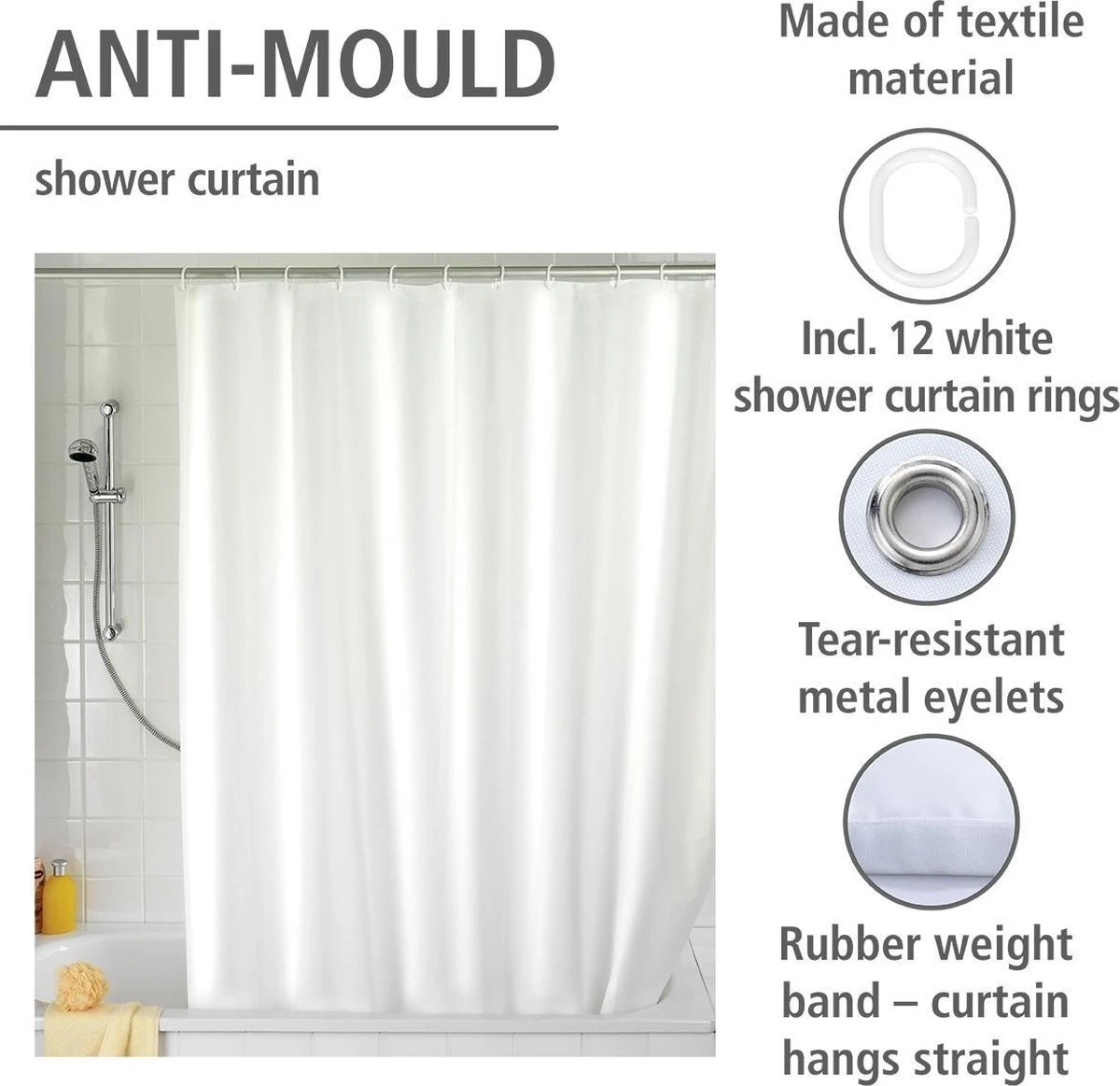 WENKO Anti-schimmel Douchegordijn Uni Wit 180x200cm Polyester Inclusief Ophangringen 3 WENKO Anti-schimmel Douchegordijn Uni Wit 180x200cm Polyester Inclusief Ophangringen - Afbeelding 3