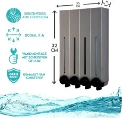 Aquathof, Zeepdispenser, RVS Kleur, 4 Kamer, 4 Reservoirs, 4x500ml, Hangend - Wandmontage -Badkamer Kast Winkel 1200x1163 8