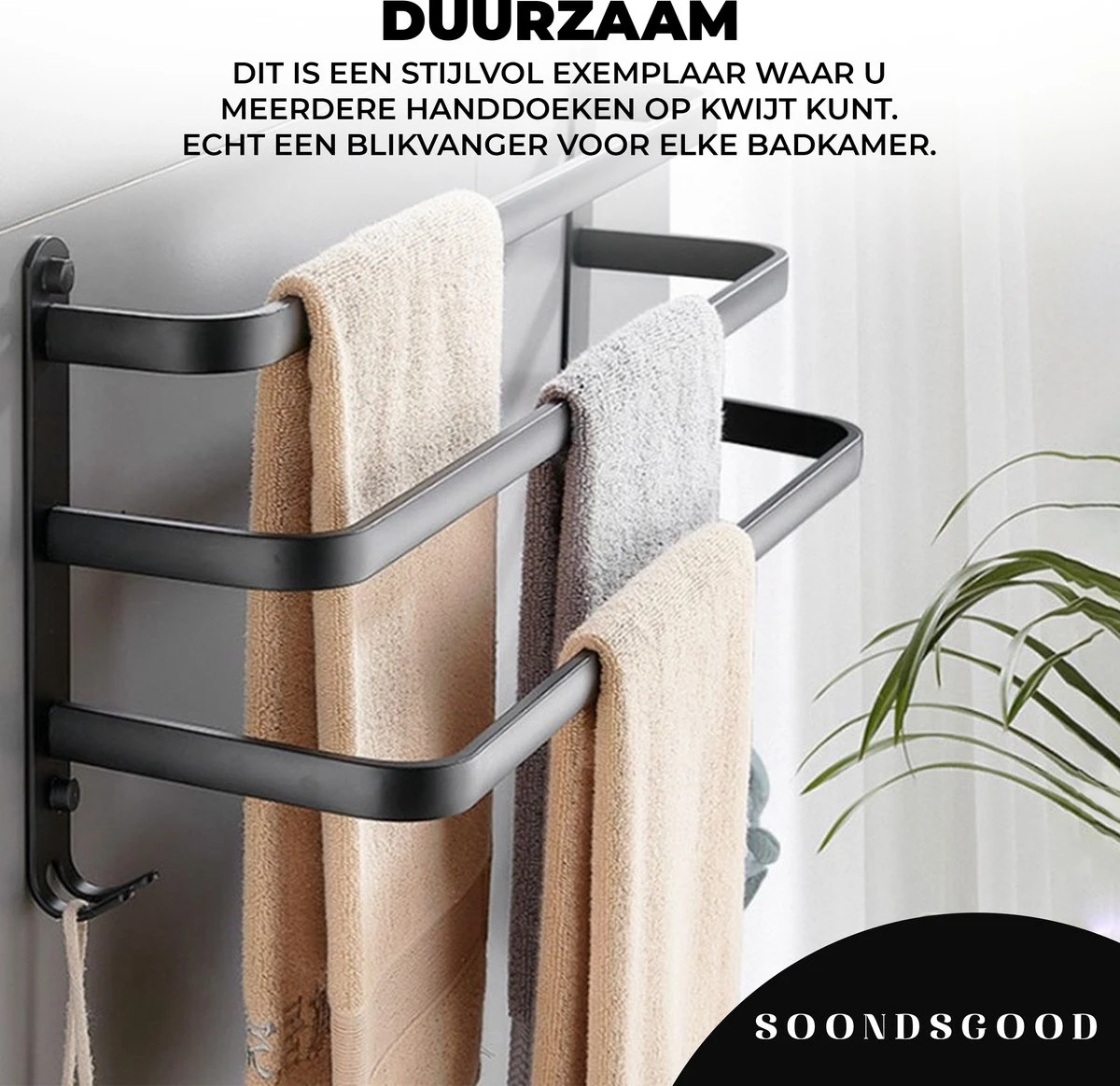 Merkloos Soondsgood Luxe 3 Laags Handdoekrek - Zelfklevend Of Boren - Zwart - Eenvoudige Installatie - Badkamer - Handdoekenrek - Handdoekhouder - 50x14x25cm 6 Merkloos Soondsgood Luxe 3 Laags Handdoekrek - Zelfklevend Of Boren - Zwart - Eenvoudige Installatie - Badkamer - Handdoekenrek - Handdoekhouder - 50x14x25cm - Afbeelding 6