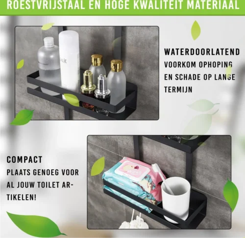 Doucherek Zonder Boren Inclusief Douchewisser - Aan Douchewand - Zwart - Ophangbaar - Zuignap - 2 Laags - Wiper - Shower Rack - Valentijnsdag Cadeau -Badkamer Kast Winkel 1200x1165 4