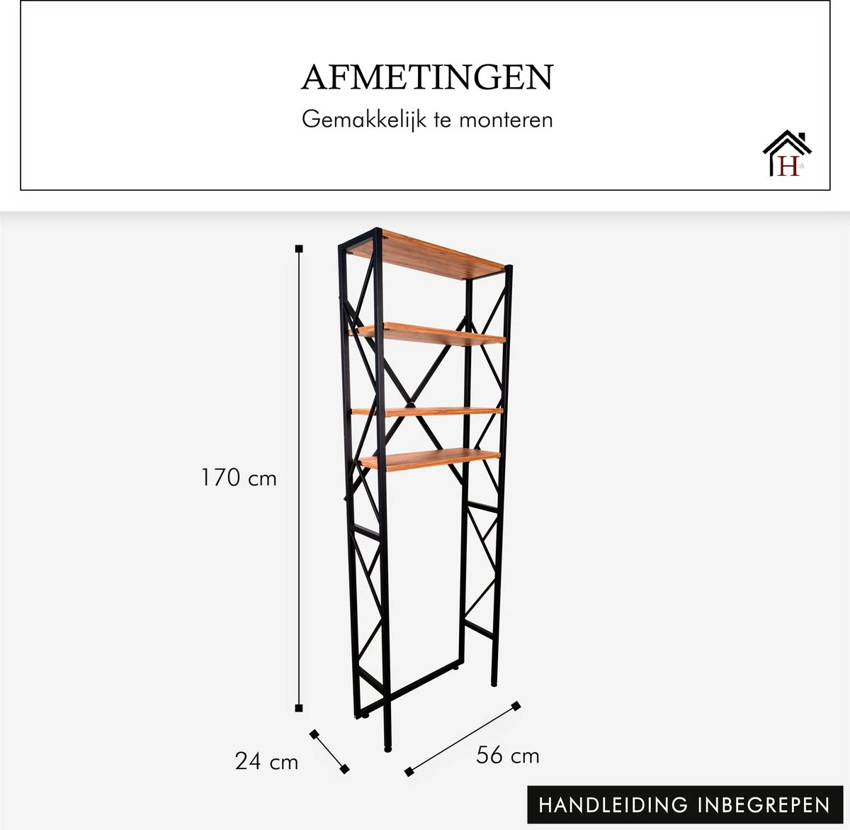 Homestic© - Ruimtebesparende Toiletmeubel - WC Plank, Badkamerplank Met 4 Open Vakken - Industrieel RVS Badkamermeubel - Zwart Staal / Hout - 170x54x24 CM 2 Homestic© - Ruimtebesparende Toiletmeubel - WC Plank, Badkamerplank Met 4 Open Vakken - Industrieel RVS Badkamermeubel - Zwart Staal / Hout - 170x54x24 CM - Afbeelding 2