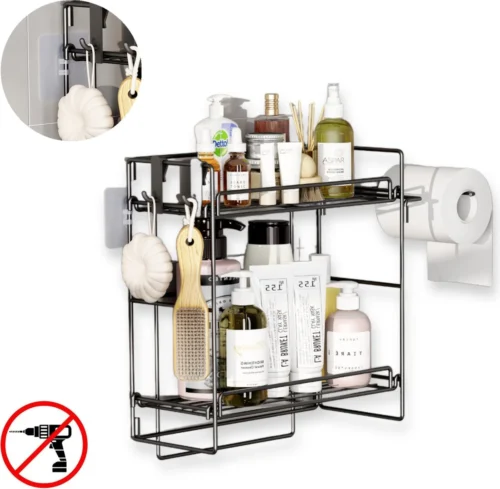 AlShiha®WC Rek - Toiletrolhouder - Badkamer Rek - Zelfklevend (zonder Boren) - Wc Rolhouder - Doucherek Hangend- Badkamerrek - Doucherek - Doucherek Zonder Boren - Toiletrolhouder - Toiletrolhouder Met Plankje
