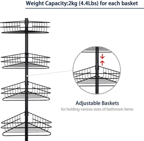 SensaHome Telescopisch Douche Rek Met 4 Lagen - Verstelbaar Bad / Douche Hoekrek Opbergrek - Uitschuifbaar Van 145-250 Cm - Zwart 13 SensaHome Telescopisch Douche Rek Met 4 Lagen - Verstelbaar Bad / Douche Hoekrek Opbergrek - Uitschuifbaar Van 145-250 Cm - Zwart -Badkamer Kast Winkel 1200x1174