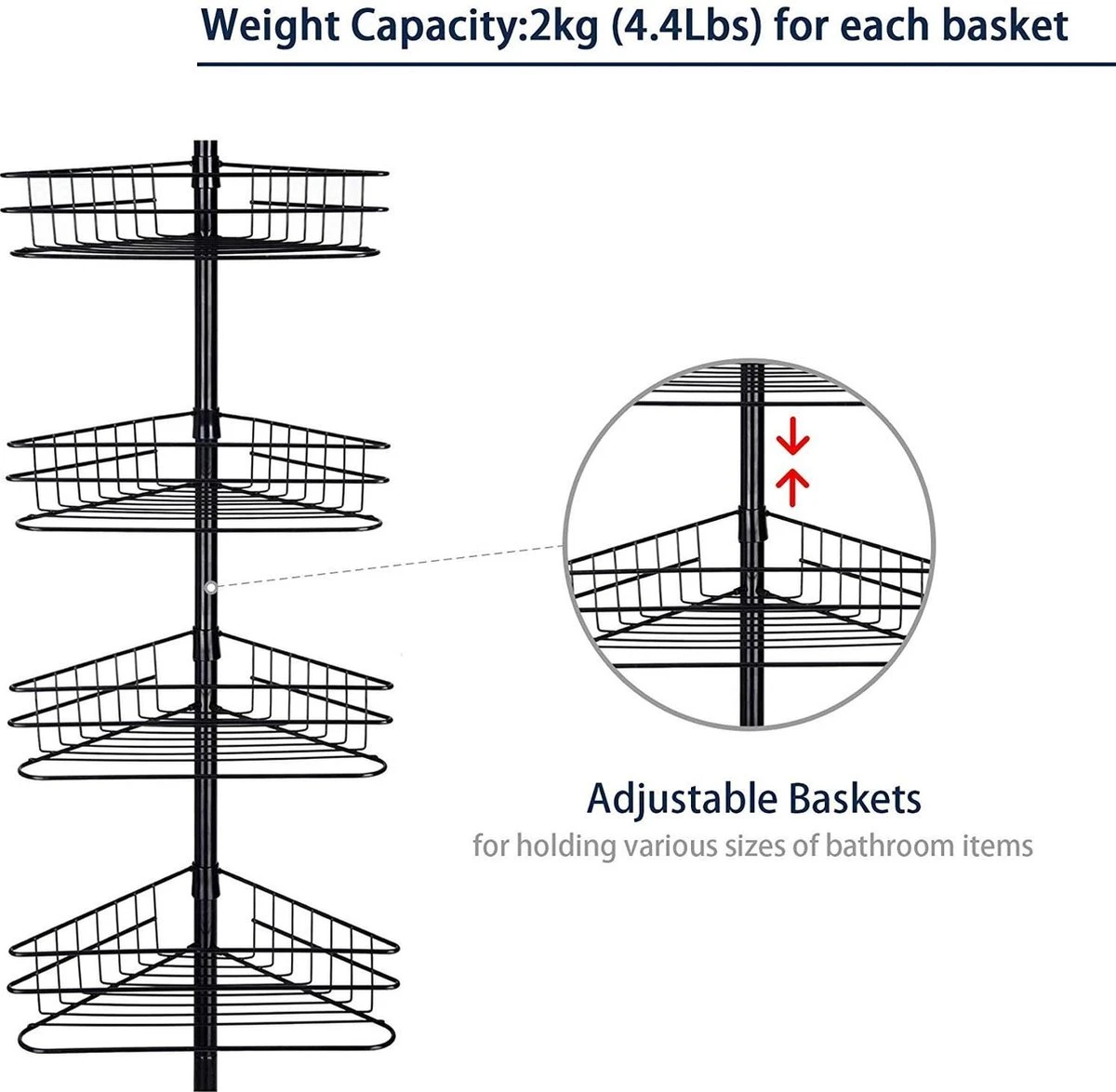 SensaHome Telescopisch Douche Rek Met 4 Lagen - Verstelbaar Bad / Douche Hoekrek Opbergrek - Uitschuifbaar Van 145-250 Cm - Zwart 4 SensaHome Telescopisch Douche Rek Met 4 Lagen - Verstelbaar Bad / Douche Hoekrek Opbergrek - Uitschuifbaar Van 145-250 Cm - Zwart - Afbeelding 4