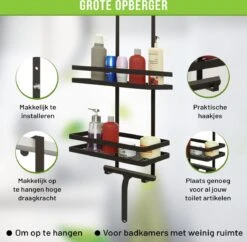 Doucherek Zonder Boren Inclusief Douchewisser - Aan Douchewand - Zwart - Ophangbaar - Zuignap - 2 Laags - Wiper - Shower Rack - Valentijnsdag Cadeau -Badkamer Kast Winkel 1200x1175