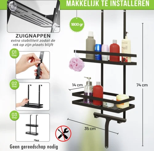 Doucherek Zonder Boren Inclusief Douchewisser - Aan Douchewand - Zwart - Ophangbaar - Zuignap - 2 Laags - Wiper - Shower Rack - Valentijnsdag Cadeau -Badkamer Kast Winkel 1200x1175 6