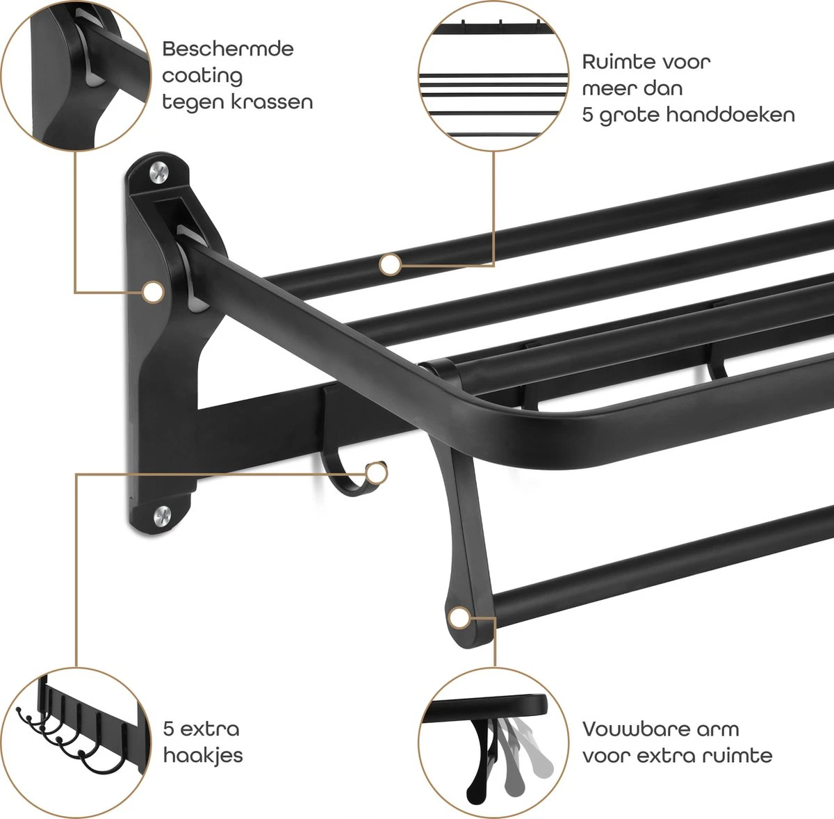 Baulk® - Droogrek – Handdoekrek – Droogrek Hangend – Inklapbaar - Badkamer – RVS – Zwart – Modern – Dutch Design 3 Baulk® - Droogrek – Handdoekrek – Droogrek Hangend – Inklapbaar - Badkamer – RVS – Zwart – Modern – Dutch Design - Afbeelding 3