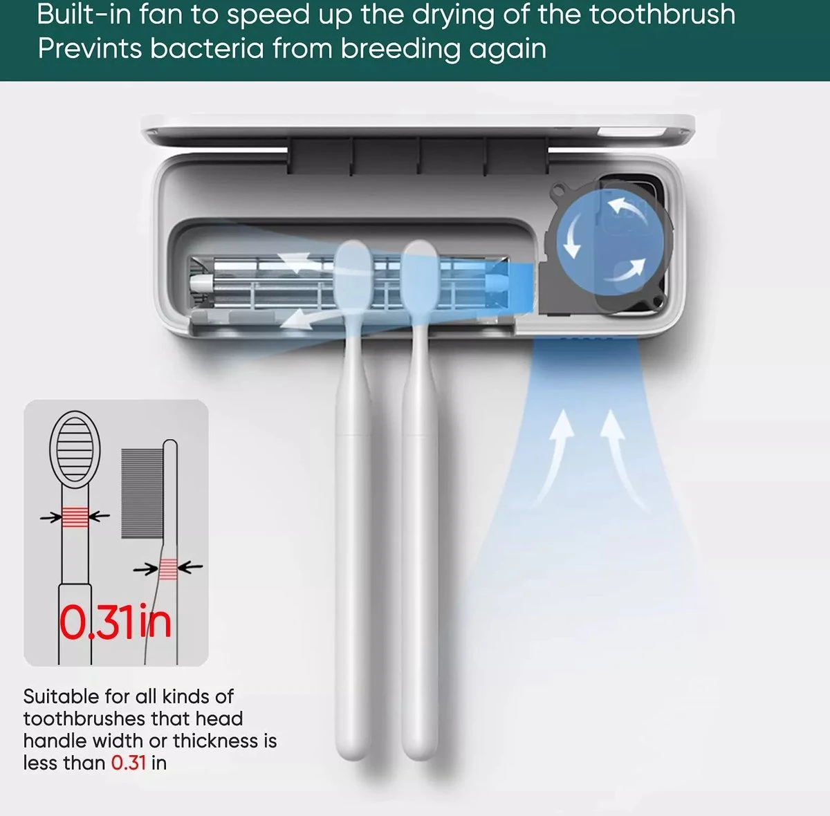 UV-Brush | Tandenborstelhouder Antibacterieel | Steriliserend UV Licht | Hangend | Zwart | Badkamer | Nieuw Model Met Ventilator 8 UV-Brush | Tandenborstelhouder Antibacterieel | Steriliserend UV Licht | Hangend | Zwart | Badkamer | Nieuw Model Met Ventilator - Afbeelding 8