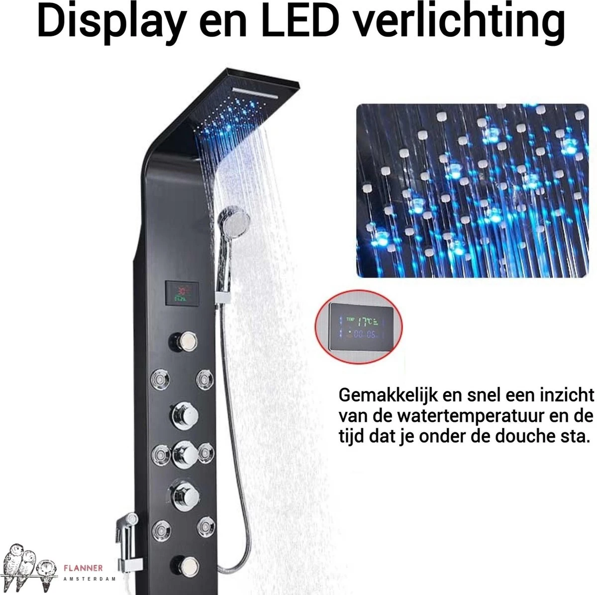 Douchepaneel Met Massage - Regendouche - Massage Jets - Waterval Douche - Met Thermostaatkraan En Handdouche - Zwart - Opbouw - Douchekop - Flanner® 6 Douchepaneel Met Massage - Regendouche - Massage Jets - Waterval Douche - Met Thermostaatkraan En Handdouche - Zwart - Opbouw - Douchekop - Flanner® - Afbeelding 6