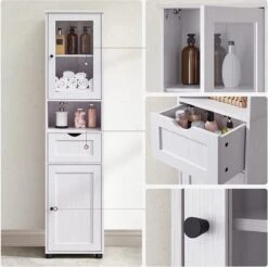 Badkamerkast, Hoge Kast, Open Vak, Glazen Deur, Smalle Badkamermeubels, Badkamermeubels Met Voeten, In Hoogte Verstelbare Planken, 40 X 30 X 165 Cm, Lichtgrijs Met Houtnerf