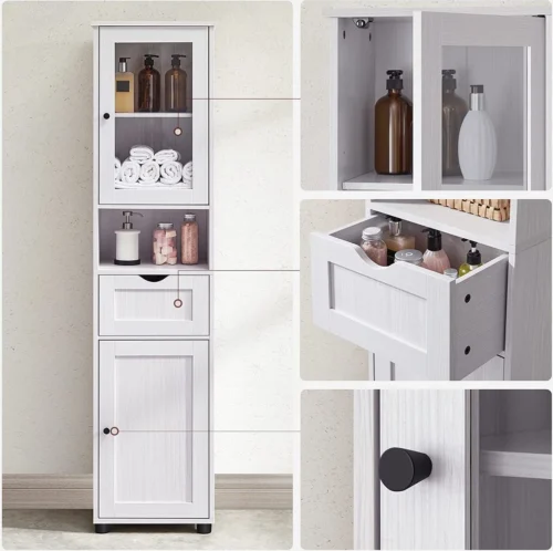 Badkamerkast, Hoge Kast, Open Vak, Glazen Deur, Smalle Badkamermeubels, Badkamermeubels Met Voeten, In Hoogte Verstelbare Planken, 40 X 30 X 165 Cm, Lichtgrijs Met Houtnerf