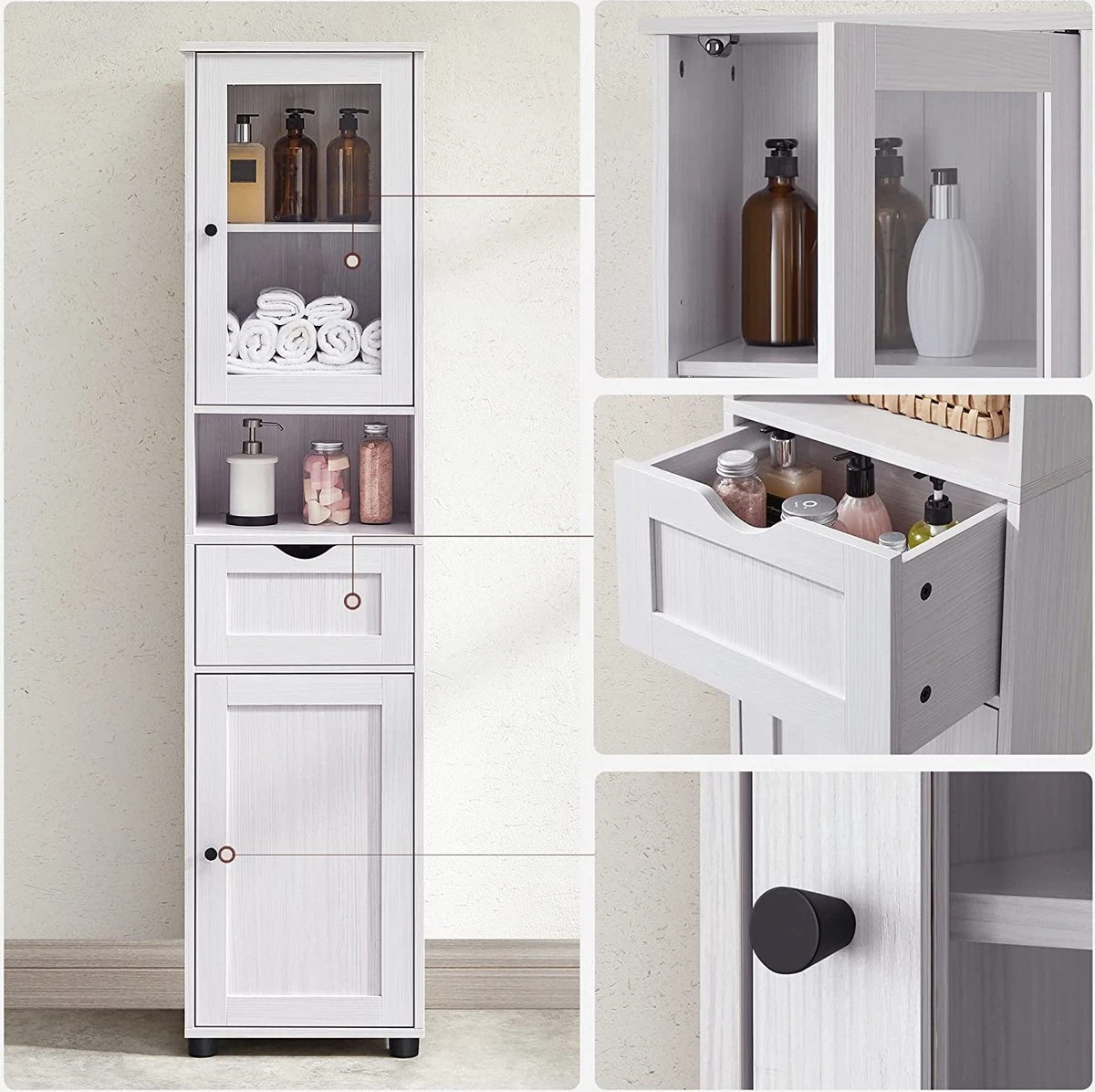 Badkamerkast, Hoge Kast, Open Vak, Glazen Deur, Smalle Badkamermeubels, Badkamermeubels Met Voeten, In Hoogte Verstelbare Planken, 40 X 30 X 165 Cm, Lichtgrijs Met Houtnerf 1 Badkamerkast, Hoge Kast, Open Vak, Glazen Deur, Smalle Badkamermeubels, Badkamermeubels Met Voeten, In Hoogte Verstelbare Planken, 40 X 30 X 165 Cm, Lichtgrijs Met Houtnerf