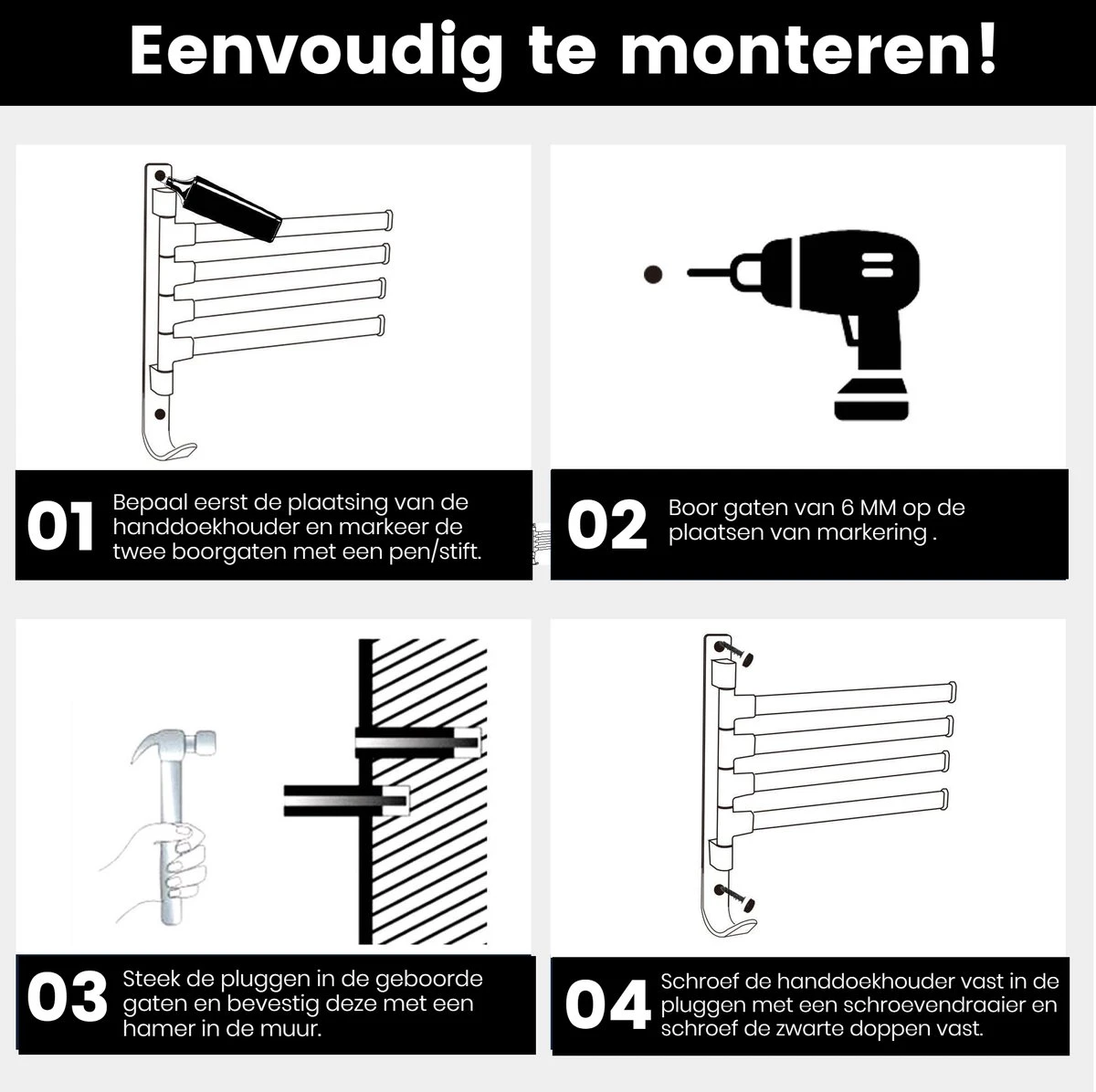 Tolussa Handdoekrek Badkamer Zwart - 30 CM - Handdoekhouder Zwart - Handdoekenrek Badkamer - Draaibaar 9 Tolussa Handdoekrek Badkamer Zwart - 30 CM - Handdoekhouder Zwart - Handdoekenrek Badkamer - Draaibaar - Afbeelding 9