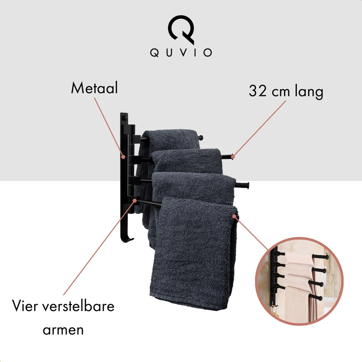 QUVIO Handdoekrek Met 4 Armen / Wandrek / Handdoekrek Keuken / Handdoekenrek Badkamer / Handdoekenrek / Handdoekrek / Handdoekrek Badkamer / Handdoekhaakjes / Handdoekhouder / Wandplank - Verstelbaar - Staal 4 QUVIO Handdoekrek Met 4 Armen / Wandrek / Handdoekrek Keuken / Handdoekenrek Badkamer / Handdoekenrek / Handdoekrek / Handdoekrek Badkamer / Handdoekhaakjes / Handdoekhouder / Wandplank - Verstelbaar - Staal - Afbeelding 4