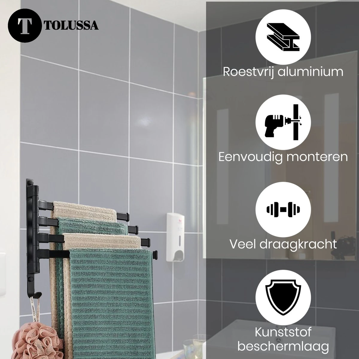 Tolussa Handdoekrek Badkamer Zwart - 30 CM - Handdoekhouder Zwart - Handdoekenrek Badkamer - Draaibaar 10 Tolussa Handdoekrek Badkamer Zwart - 30 CM - Handdoekhouder Zwart - Handdoekenrek Badkamer - Draaibaar - Afbeelding 10