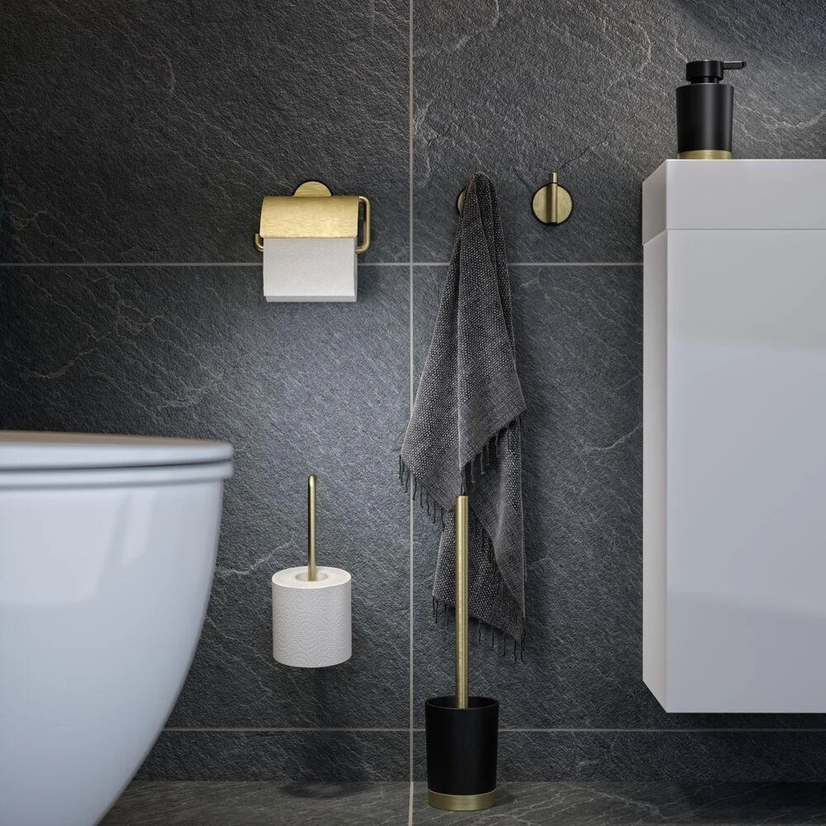 Tiger Tune - Toiletborstel Met Houder Vrijstaand - Messing Geborsteld / Zwart 3 Tiger Tune - Toiletborstel Met Houder Vrijstaand - Messing Geborsteld / Zwart - Afbeelding 3