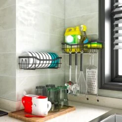 STRICX Doucherek 2 Laags Zwart - Zelfklevend Doucherek Inclusief 3 Ophanghaakjes - Doucherek Voor Badkamer / Keuken - Doucherek Met Plakstrip - Keukenrek Met Plakstrip - Badrek Douche - Kruidenrek Specerijen - Badkamerrek Douchemandje -Badkamer Kast Winkel 1200x1200 162