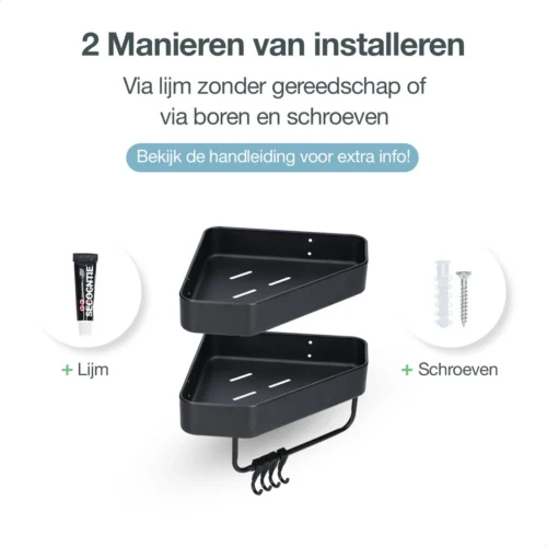 ACE Goods® Doucherek Zwart Hangend – Badkamerrek – Doucherek 2 Laags – Badkamerrekje Hoekrek Douche – Inclusief Haakjes -Badkamer Kast Winkel 1200x1200 1779