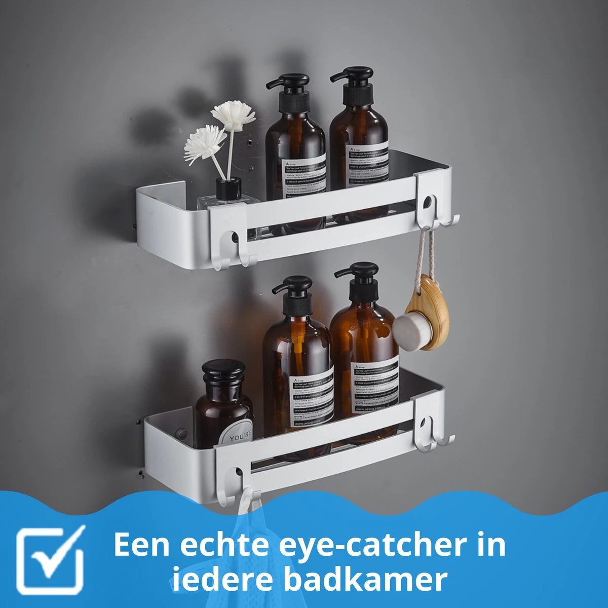 BrandtBergkamp RVS Doucherek 2 Laags – Zonder Boren – Doucherekje Hangend – Badkamerrek Zilver 4 BrandtBergkamp RVS Doucherek 2 Laags – Zonder Boren – Doucherekje Hangend – Badkamerrek Zilver - Afbeelding 4