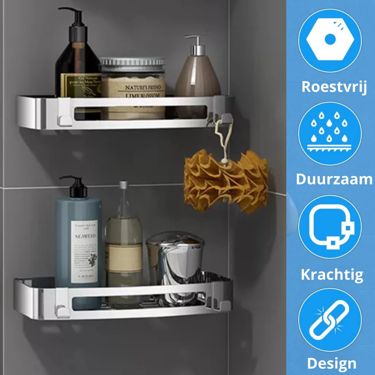 BrandtBergkamp RVS Doucherek 2 Laags – Zonder Boren – Doucherekje Hangend – Badkamerrek Zilver 6 BrandtBergkamp RVS Doucherek 2 Laags – Zonder Boren – Doucherekje Hangend – Badkamerrek Zilver - Afbeelding 6