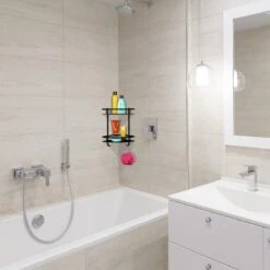 Merkloos Zelfklevend Doucherek 2 Laags - Ophangbaar Hoek Badrek Met Zuignap - Hangend Badkamer Rekje - Douchemandje - Geschikt Voor Muur/Wand Bevestiging - Ophangen Zonder Boren En Schroeven - Roestvrij - Mat Zwart -Badkamer Kast Winkel 1200x1200 1893