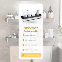 Merkloos Doucherek Zonder Boren 2x 30 Cm – Doucherek – Doucherek Hangend – Badkamerrek – Zonder Boren – IP68 Waterdicht – 4KG Draagkracht – Zwart RVS -Badkamer Kast Winkel 1200x1200 2034