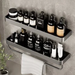 Merkloos Doucherek Zonder Boren 2x 30 Cm – Doucherek – Doucherek Hangend – Badkamerrek – Zonder Boren – IP68 Waterdicht – 4KG Draagkracht – Zwart RVS -Badkamer Kast Winkel 1200x1200 2037