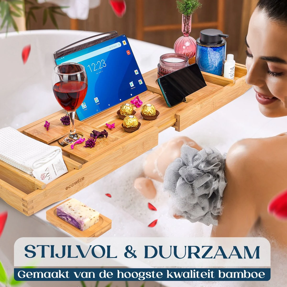 Ecowize Luxe Bamboe Badplank Voor In Bad Met Tablethouder - 100% Natuurlijk Bamboe Badrek Met Boekenhouder - Bad Plank Hout Met Nonslip Grips - Badrekje Voor Bad - Badplankje Uitschuifbaar (75cm Tot 110cm) Met Extra Zeepbakje En Body Brush 4 Ecowize Luxe Bamboe Badplank Voor In Bad Met Tablethouder - 100% Natuurlijk Bamboe Badrek Met Boekenhouder - Bad Plank Hout Met Nonslip Grips - Badrekje Voor Bad - Badplankje Uitschuifbaar (75cm Tot 110cm) Met Extra Zeepbakje En Body Brush - Afbeelding 4