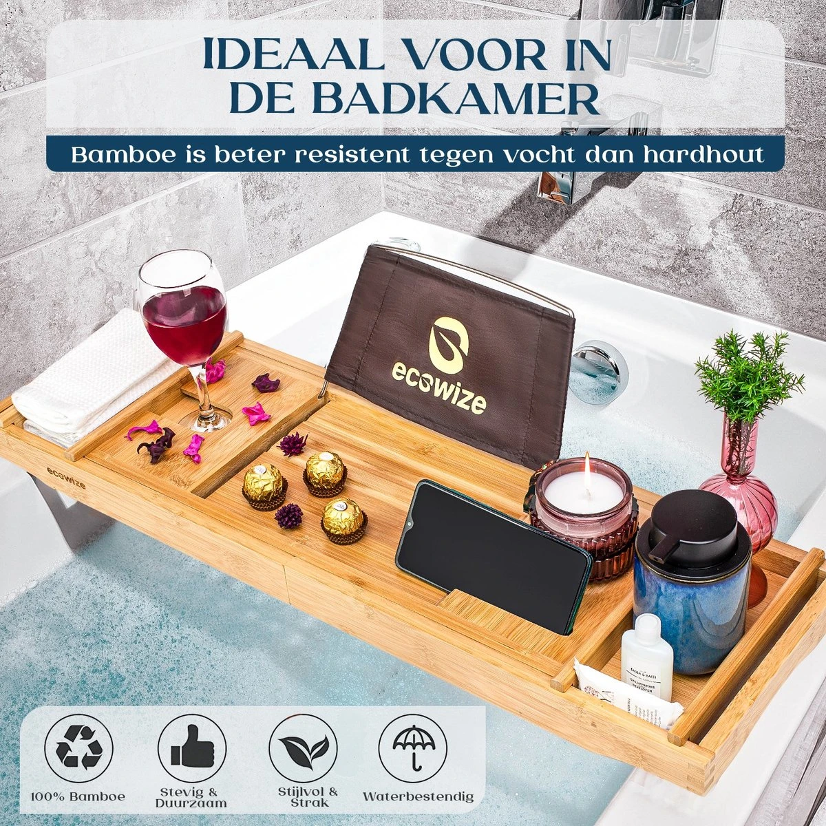 Ecowize Luxe Bamboe Badplank Voor In Bad Met Tablethouder - 100% Natuurlijk Bamboe Badrek Met Boekenhouder - Bad Plank Hout Met Nonslip Grips - Badrekje Voor Bad - Badplankje Uitschuifbaar (75cm Tot 110cm) Met Extra Zeepbakje En Body Brush 7 Ecowize Luxe Bamboe Badplank Voor In Bad Met Tablethouder - 100% Natuurlijk Bamboe Badrek Met Boekenhouder - Bad Plank Hout Met Nonslip Grips - Badrekje Voor Bad - Badplankje Uitschuifbaar (75cm Tot 110cm) Met Extra Zeepbakje En Body Brush - Afbeelding 7