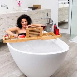 Merkloos Decopatent® Luxe Badplank - Badrekje - Uitschuifbaar 75 Tot 110 Cm - Boekenhouder - Tablethouder - Bamboe Hout Badplankje - Badrek -Badkamer Kast Winkel 1200x1200 2168