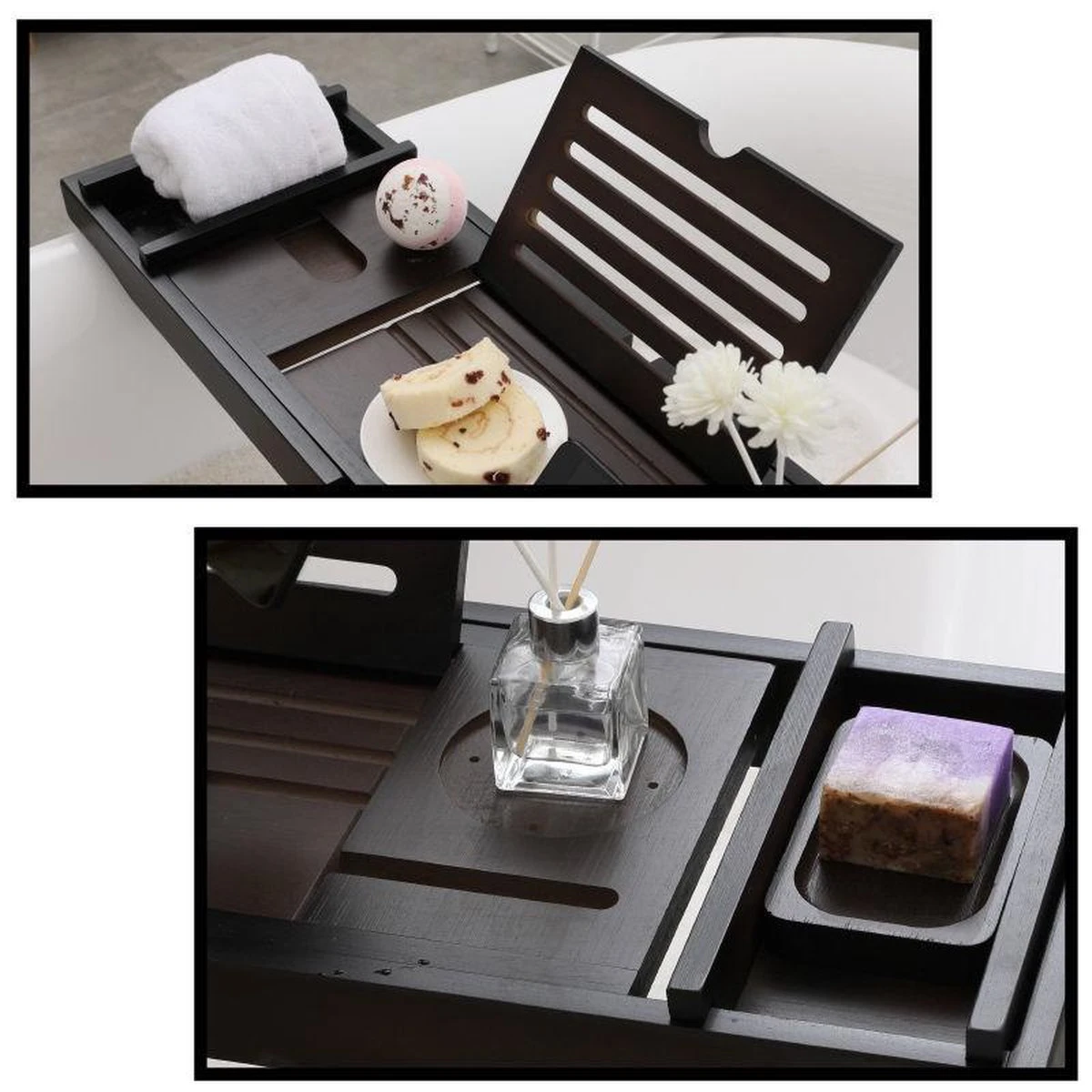 Merkloos Decopatent® Badplank - Uitschuifbaar 75 -> 110 Cm - Verstelbaar Bamboe Badrekje Voor In Bad - Boekenhouder - Tablethouder - Bruin 4 Merkloos Decopatent® Badplank - Uitschuifbaar 75 -> 110 Cm - Verstelbaar Bamboe Badrekje Voor In Bad - Boekenhouder - Tablethouder - Bruin - Afbeelding 4