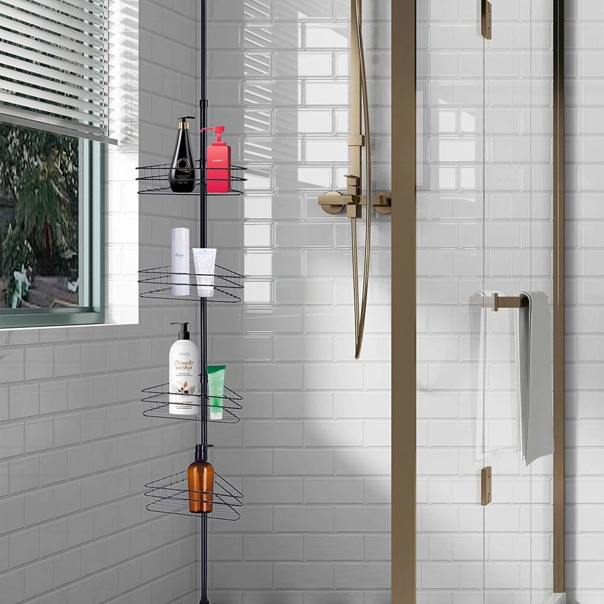 SensaHome Telescopisch Douche Rek Met 4 Lagen - Verstelbaar Bad / Douche Hoekrek Opbergrek - Uitschuifbaar Van 145-250 Cm - Zwart 6 SensaHome Telescopisch Douche Rek Met 4 Lagen - Verstelbaar Bad / Douche Hoekrek Opbergrek - Uitschuifbaar Van 145-250 Cm - Zwart - Afbeelding 6