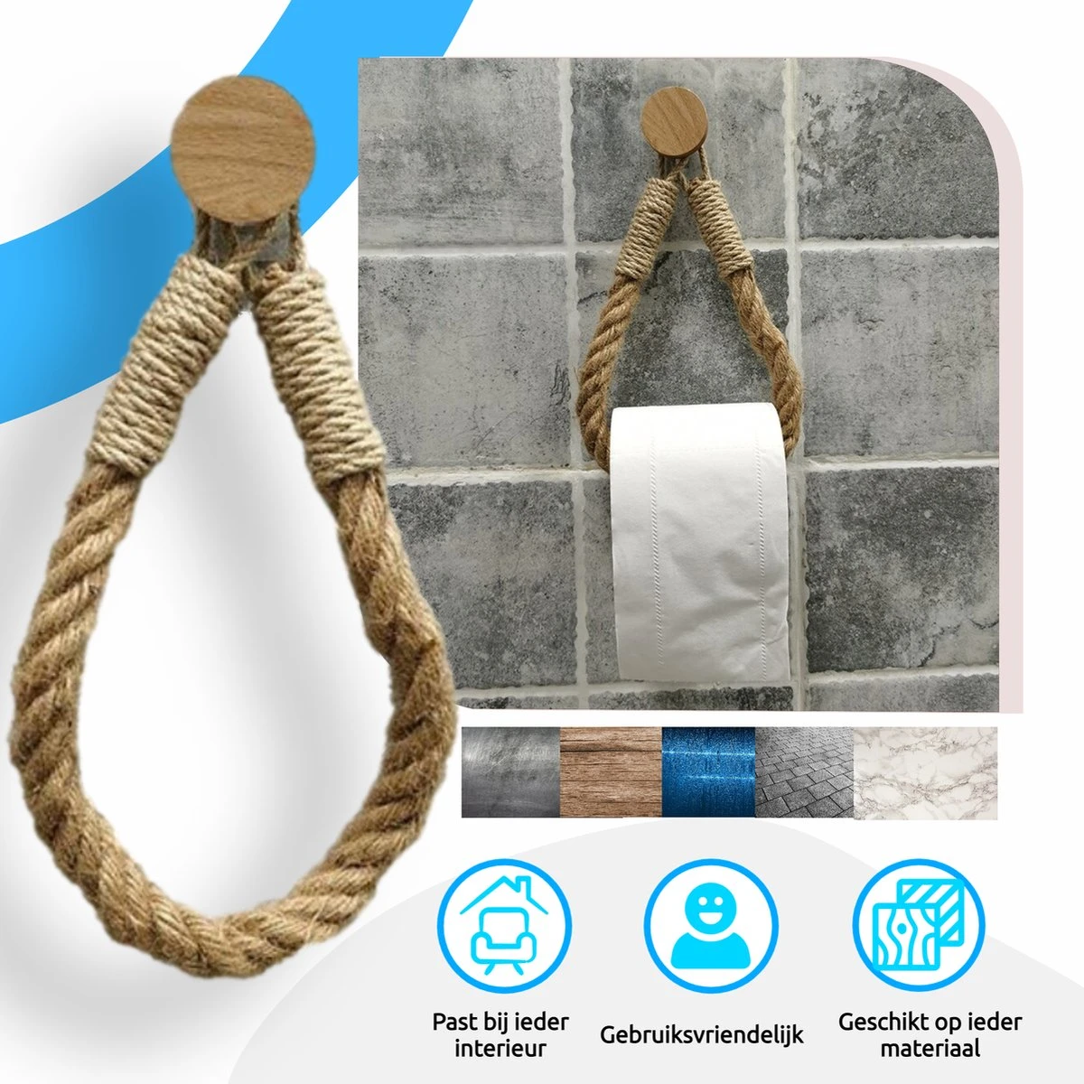 Jelta Toiletrolhouder Zonder Boren- Wc Rolhouder - Zuignap - Zelfklevend - Hout En Touw 2 Jelta Toiletrolhouder Zonder Boren- Wc Rolhouder - Zuignap - Zelfklevend - Hout En Touw - Afbeelding 2