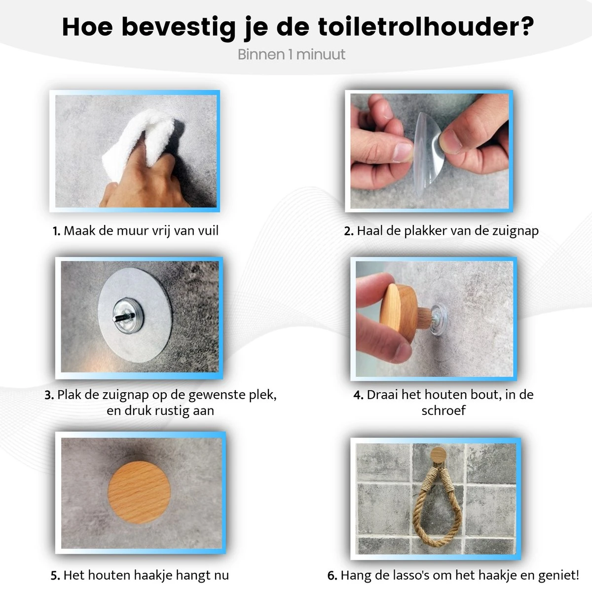 Jelta Toiletrolhouder Zonder Boren- Wc Rolhouder - Zuignap - Zelfklevend - Hout En Touw 8 Jelta Toiletrolhouder Zonder Boren- Wc Rolhouder - Zuignap - Zelfklevend - Hout En Touw - Afbeelding 8