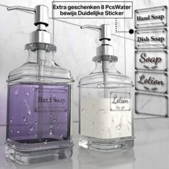 Wonix® - Zeepdispenser - Zeeppompje - Transparant Glas - RVS Pompkop - Met Stickers - 350ml - 2 Stuks -Badkamer Kast Winkel 1200x1200 2273