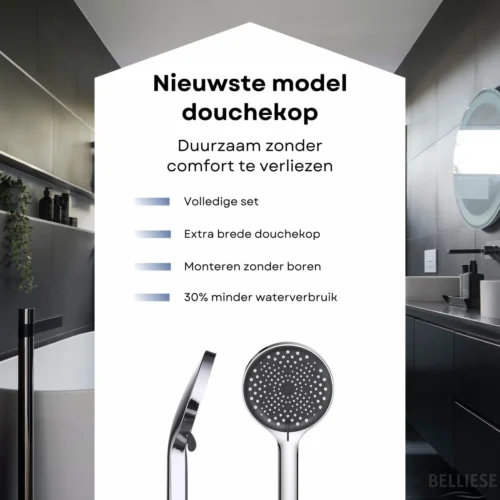 Belliese Doucheset Wellness- Douchekop - Doucheslang - Douchekophouder - Douchekop Met Slang - Waterbesparende Douchekop - Badkamer Accessoires - Montage Zonder Boren - 3 Standen - Zilver -Badkamer Kast Winkel 1200x1200 2443