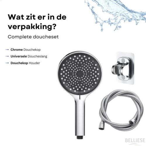 Belliese Doucheset Wellness- Douchekop - Doucheslang - Douchekophouder - Douchekop Met Slang - Waterbesparende Douchekop - Badkamer Accessoires - Montage Zonder Boren - 3 Standen - Zilver -Badkamer Kast Winkel 1200x1200 2444
