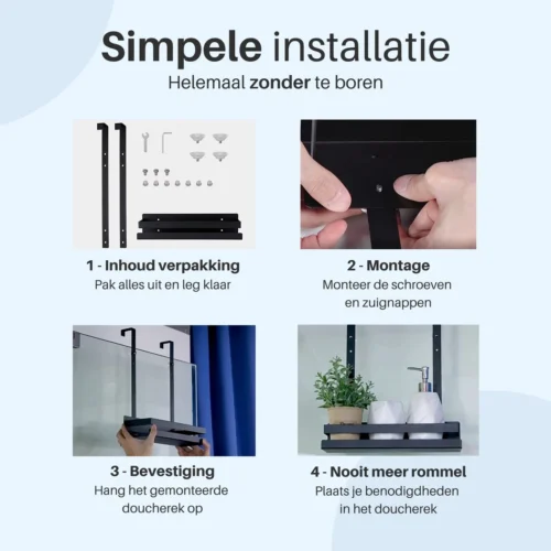 Doucherek Hangend - Ophangbaar Doucherek - Mat Zwart - Badkamerrek - Zonder Boren - Doucherek Aan Douchewand - Doucherekje -Badkamer Kast Winkel 1200x1200 251
