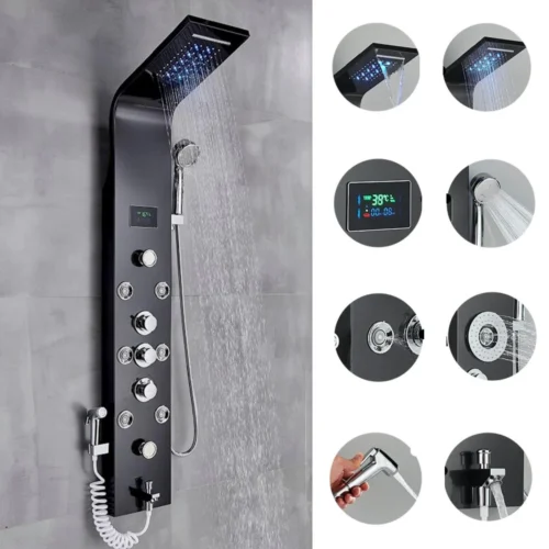 Douchepaneel Met Massage - Regendouche - Massage Jets - Waterval Douche - Met Thermostaatkraan En Handdouche - Zwart - Opbouw - Douchekop - Flanner®