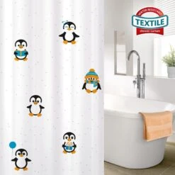 FUNNY PENGUINS - Waterdicht Douchegordijn - Met GRATIS 12 Ringen - Anti-Schimmel Badkamer Gordijn - Wasbaar - 100% Polyester - Pinguins Design - 180X180 CM -Badkamer Kast Winkel 1200x1200 2573
