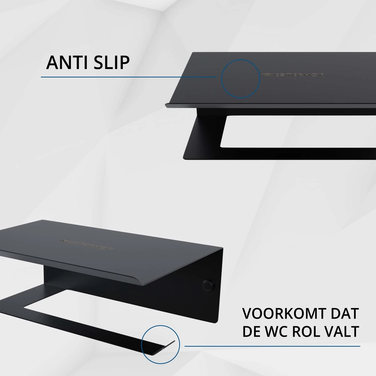 Westerhof Premium Wc Rolhouder Zwart Zonder Boren - Met Plankje - 3M Plakstrip En Schroef Set 4 Westerhof Premium Wc Rolhouder Zwart Zonder Boren - Met Plankje - 3M Plakstrip En Schroef Set - Afbeelding 4