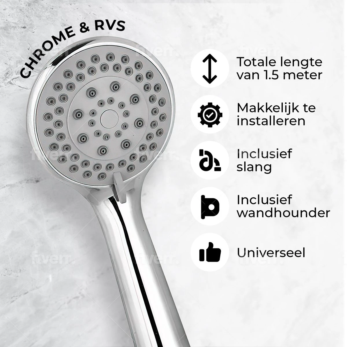 Universal Life® | DOUCHEKOP MET GRATIS SLANG EN HOUDER | Waterbesparend | Universeel | 5 Luxe Straalstanden | Chroom | RVS Slang | 2 Universal Life® | DOUCHEKOP MET GRATIS SLANG EN HOUDER | Waterbesparend | Universeel | 5 Luxe Straalstanden | Chroom | RVS Slang | - Afbeelding 2