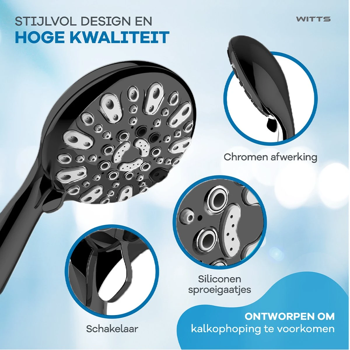 WITTS Douchekop - Waterbesparend - Hoge Kwaliteit - Handdouche ø 12cm - 6 Standen - Zwart 2 WITTS Douchekop - Waterbesparend - Hoge Kwaliteit - Handdouche ø 12cm - 6 Standen - Zwart - Afbeelding 2