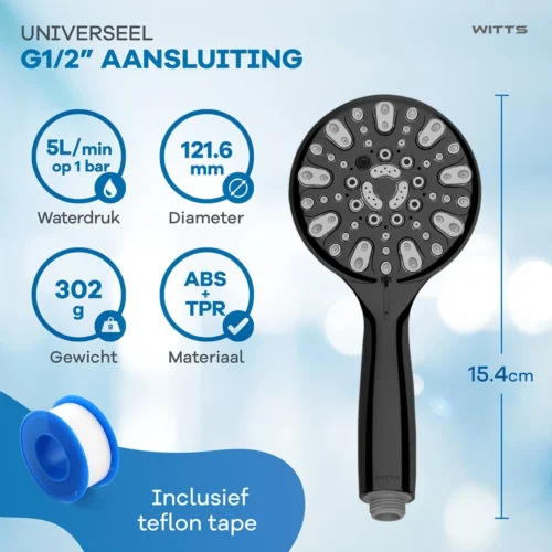 WITTS Douchekop - Waterbesparend - Hoge Kwaliteit - Handdouche ø 12cm - 6 Standen - Zwart 8 WITTS Douchekop - Waterbesparend - Hoge Kwaliteit - Handdouche ø 12cm - 6 Standen - Zwart -Badkamer Kast Winkel 1200x1200 2718