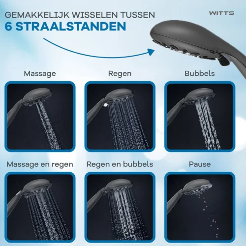 WITTS Douchekop - Waterbesparend - Hoge Kwaliteit - Handdouche ø 12cm - 6 Standen - Zwart 9 WITTS Douchekop - Waterbesparend - Hoge Kwaliteit - Handdouche ø 12cm - 6 Standen - Zwart -Badkamer Kast Winkel 1200x1200 2719