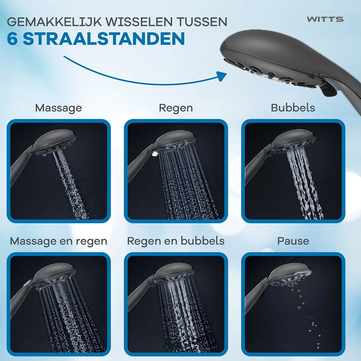 WITTS Douchekop - Waterbesparend - Hoge Kwaliteit - Handdouche ø 12cm - 6 Standen - Zwart 4 WITTS Douchekop - Waterbesparend - Hoge Kwaliteit - Handdouche ø 12cm - 6 Standen - Zwart - Afbeelding 4