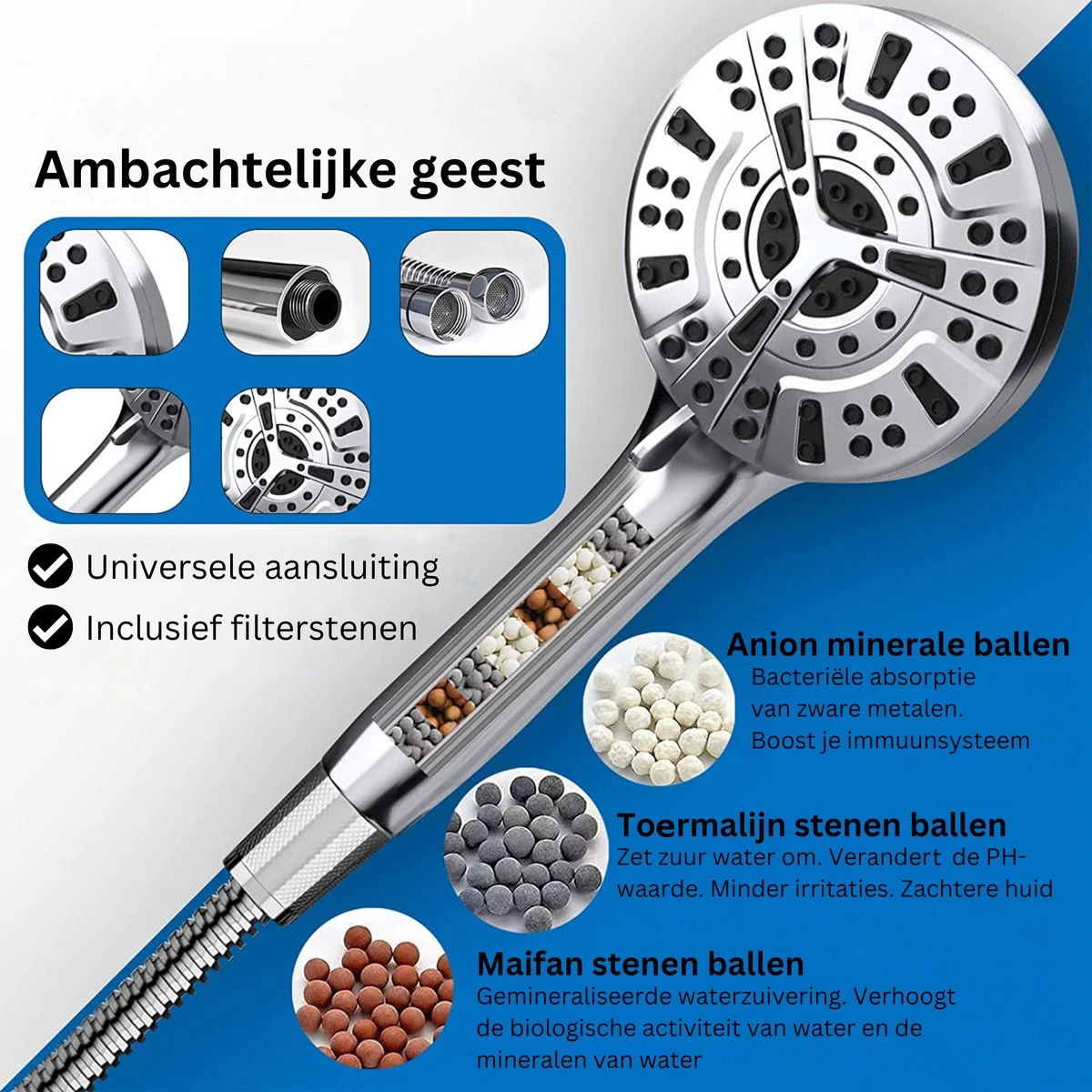 Ionische Dubbelzijdige Douchekop XL | 10 Straalsoorten | Antibacterieel | Antikalk Bescherming | Waterbesparend | Chrome 5 Ionische Dubbelzijdige Douchekop XL | 10 Straalsoorten | Antibacterieel | Antikalk Bescherming | Waterbesparend | Chrome - Afbeelding 5