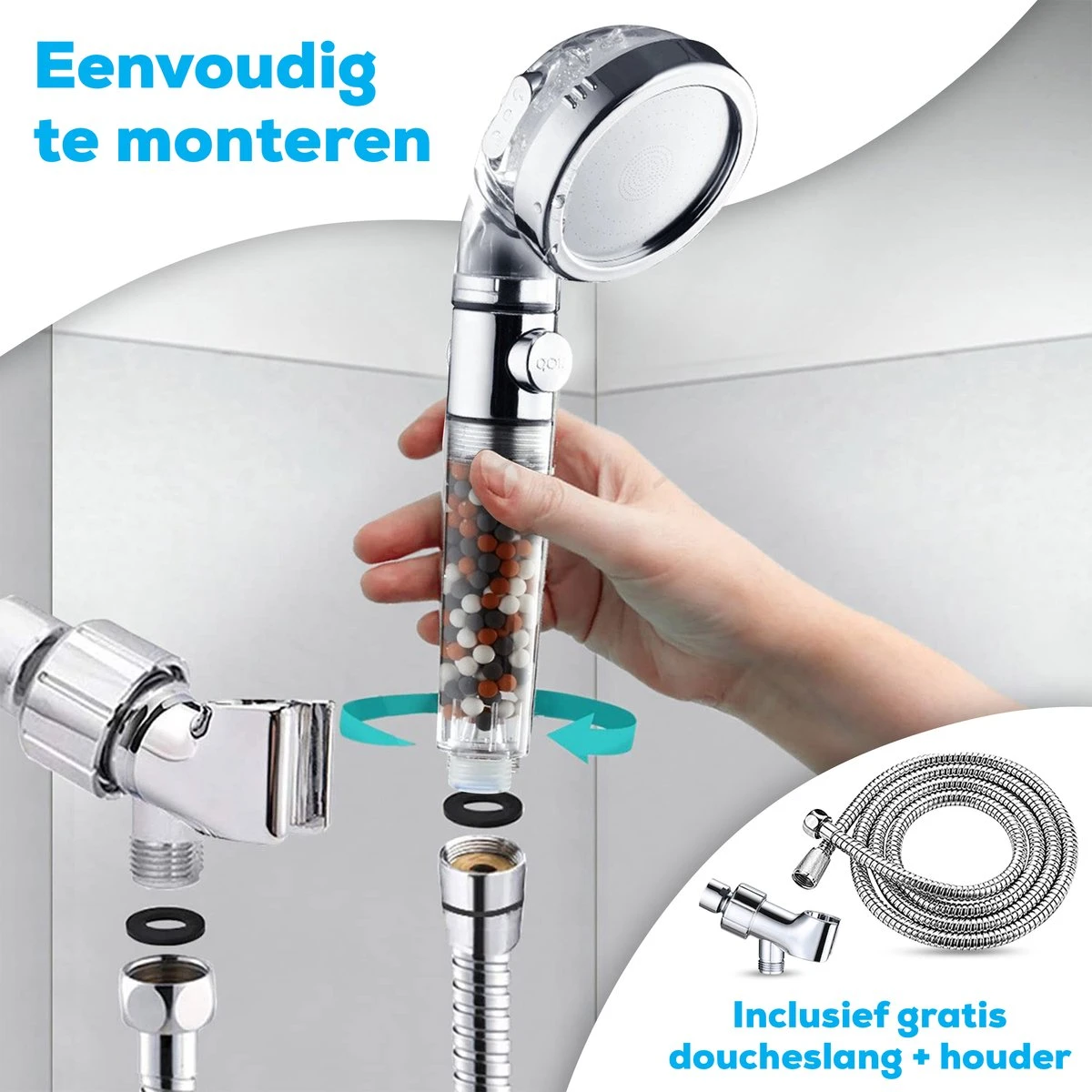 Waterbesparende Ionische Douchekop Met Slang En Houder - Handdouche - 3 Standen - Regendouche 3 Waterbesparende Ionische Douchekop Met Slang En Houder - Handdouche - 3 Standen - Regendouche - Afbeelding 3